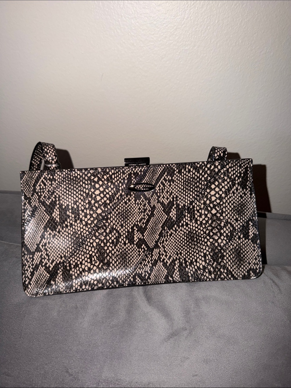 Y2K Snake-Print Patent Leather Shoulder Bag in Beige and Black